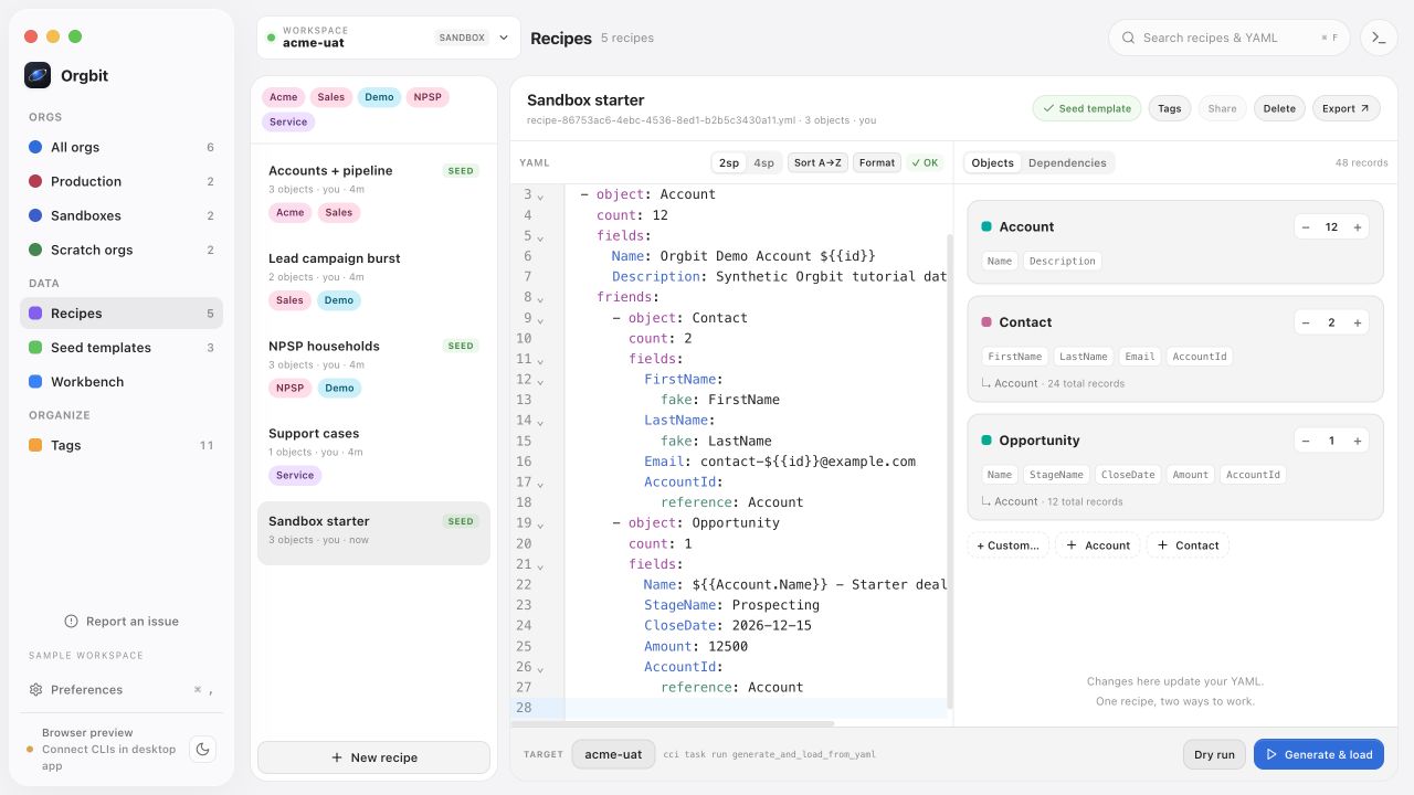 Orgbit recipe editor showing a synthetic sandbox recipe and 48 related records