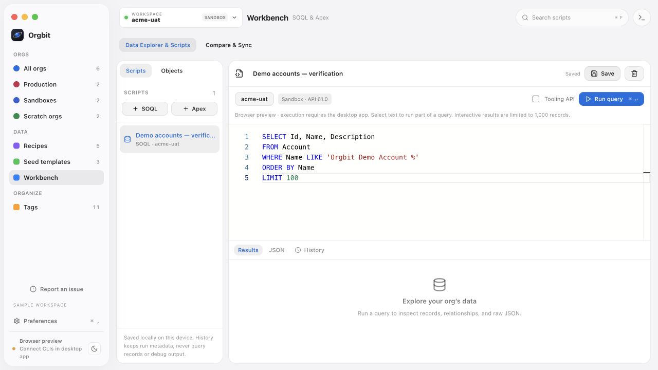 A saved SOQL query for synthetic demo Accounts in the Orgbit Workbench